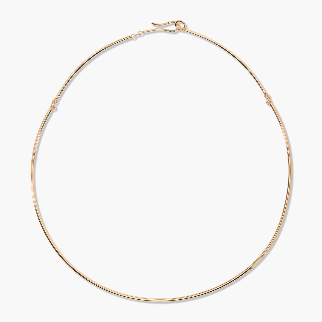 Sadie Wire Necklace, a minimalist gold-tone sculptural wire collar with small connector rings and a hook clasp.