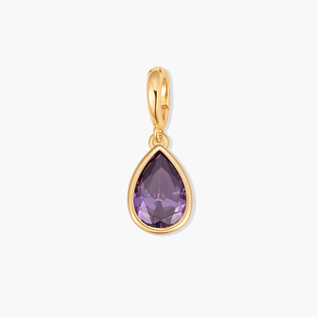 Sadie Teardrop Bezel Birthstone Charm in gold-tone with a pear-shaped purple stone in a smooth bezel setting and ring clasp.