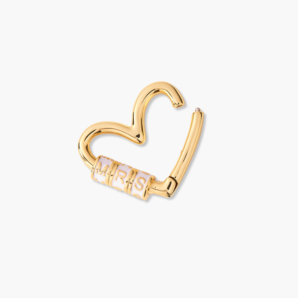  Heart-shaped carabiner charm with an open clasp, custom letter enamel barrel, and a screw-lock mechanism on the bottom segment.