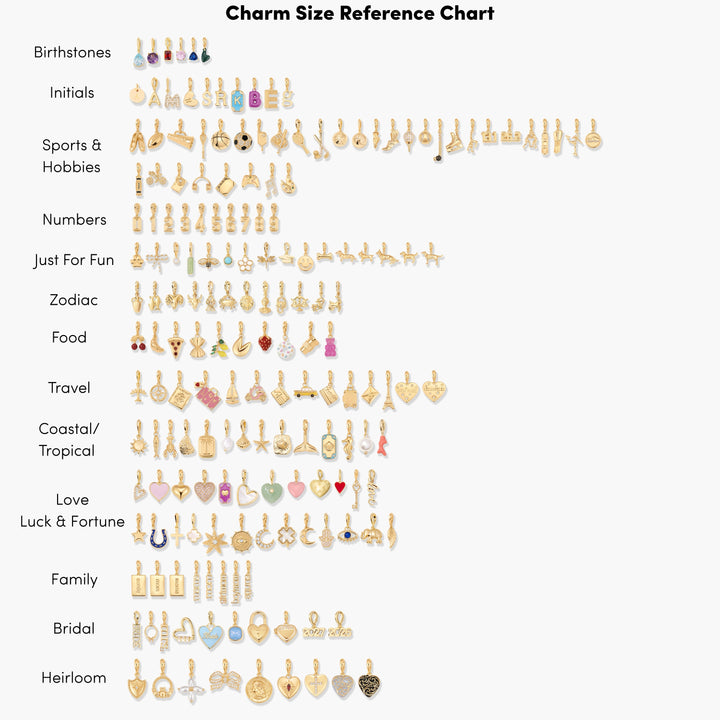 Charm Size Reference Chart displaying gold-tone charms grouped by category, including birthstones, initials, sports, zodiac, food, travel, love, family, bridal, and heirloom styles.